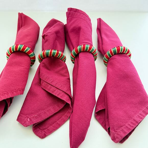 Christmas Holiday Napkin Holder Rings Striped Set of 4 Red Green Gold 0.5" x 2" - Picture 2 of 5